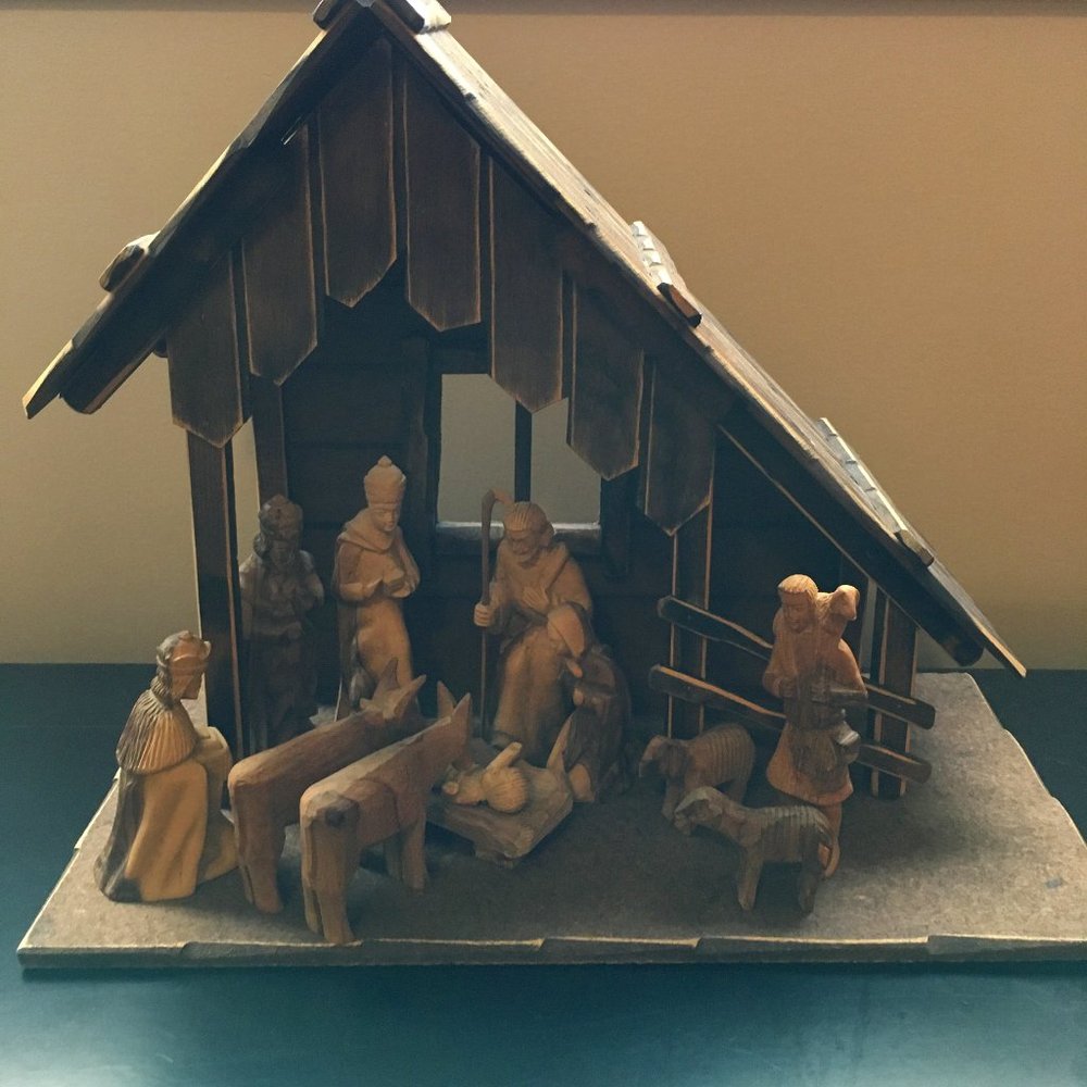 Vintage Large OAK Mid Century Olive Wood Creche Nativity Set